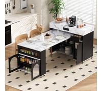 MODFU Isla de cocina multifuncional con mesa extraíble, aparador plegable sobre ruedas y mesa de comedor con toma de corriente integrada, color , dimensiones 50,5–187,5 × 110,5 × 95,5 cm