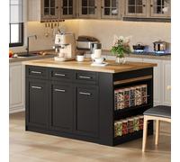 MODFU Isla de cocina multifuncional. Mueble de cocina con mesa plegable oculta, isla de cocina con barra y estructura de madera laminada, con estantes ajustables, color natural y