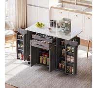 MODFU: Isla móvil para la cocina. Mueble de cocina con una superficie de trabajo extensible hasta 70 cm, carro de servicio con cajón para cubiertos y estantes de altura ajustable, color gris