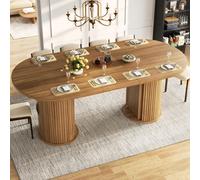 MODFU, mesa de comedor extensible de 149,8 a 189,7 cm, mesa de cocina multifuncional con espacio de almacenamiento y armario con tiradores metálicos, color marrón oscuro
