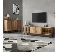 MODFU: Mueble modular – mueble de TV + mueble de cocina, conjunto de muebles moderno, mueble auxiliar con 8 estantes y 6 compartimentos de almacenamiento, cinco patas de aglomerado, color madera