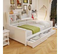 MODFU Sofá cama convertible de 90x200 cm con dos cajones, cama infantil con estanterías, cama de madera maciza con espacio de almacenamiento, sin colchón, color blanco