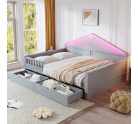 MODFU: Sofá cama de 140 x 200, cama juvenil con LED y dos cajones. Cama infantil con estructura de madera, sin colchón, color gris