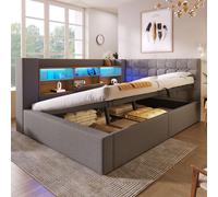 MODFU Sofá cama de 140x190 cm, ideal para jóvenes, con barras de luces LED integradas, puertos de carga, estructura de cama con cabecero en forma de L y espacio de almacenamiento. Se vende sin colchón
