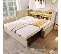 MODFU Sofá cama de 90x200, cama juvenil con cama extraíble de 90x190, estructura de cama con iluminación LED y cabecero en forma de L, con somier de láminas, sin colchón, color beige