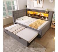 MODFU, sofá cama de 90x200 cm, cama juvenil con cama extraíble de 90x190 cm, estructura de cama con iluminación LED y cabecero en forma de L, con somier de láminas, sin colchón, color gris
