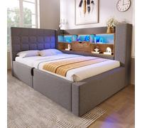 MODFU Sofá cama de 90x200 cm, ideal para jóvenes, con barras de luces LED integradas, puertos de carga, estructura de cama con cabecero en forma de L y espacio de almacenamiento. Se vende sin colchón,