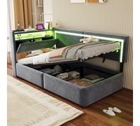 MODFU Sofá cama de 90x200, con iluminación LED y puertos de carga USB. Cama infantil individual con sistema de almacenamiento debajo. Incluye colchón. Color: gris oscuro