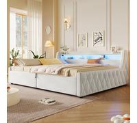 MODFU Sofá cama multifuncional de 140x200 con cabecera LED y espacio de almacenamiento, estructura de cama tapizada con acolchado, plataforma de cama con iluminación LED, sin colchón, color crema