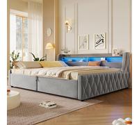 MODFU Sofá cama multifuncional de 140x200 con cabecera LED y espacio de almacenamiento, estructura de cama tapizada con acolchado, plataforma de cama con iluminación LED, sin colchón, color gris