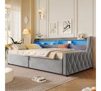 MODFU Sofá cama multifuncional de 90x200 con cabecera LED y espacio de almacenamiento, estructura de cama tapizada con acolchado, plataforma de cama con iluminación LED, sin colchón, color gris