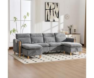 MODFU: Sofá modular en forma de U, con capacidad para 4 personas y dos otomanos con espacio de almacenamiento. Sofá grande con patas de madera, ideal para crear un espacio de descanso. Tapizado en che