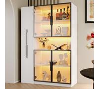 MODFU, vitrina de vidrio blanca, armario alto con iluminación LED, 110x35x160 cm, armario para sala de estar con estantes laterales extraíbles, espacio de almacenamiento extraíble y estante central ab