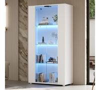 MODFU: Vitrina de vidrio con 2 puertas, vitrina expositora con iluminación LED y estantes ajustables, armario alto de diseño moderno, aparador para sala de estar, 80x36x150.5 cm, color blanco