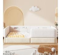 MOHUANG Cama con plataforma acolchada 90 x 200 cm con rejilla protectora y bolsa de almacenamiento, color blanco