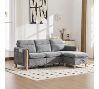 MOHUANG Juego de sofá de 3 plazas, estilo nórdico, con taburete de almacenamiento, sofá de tela en forma de L con bolsillos laterales, patas de madera, ideal para salas de estar y espacios pequeños