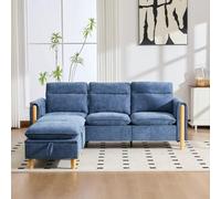 MOHUANG Juego de sofá de 3 plazas, estilo nórdico, con taburete de almacenamiento, sofá de tela en forma de L con bolsillos laterales, patas de madera, ideal para salas de estar y espacios pequeños