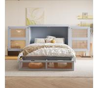 Moimhear Armario de cama, somier de láminas, cama plegable de pared, somier vertical, cajones de almacenamiento, diseño de ratán, camas de madera (gris)