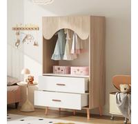 Moimhear Armario infantil, armario con barra para colgar, color blanco+madera natural, con cajones, armario abierto, tiradores de madera maciza, tablero de fibra (Estilo 2)