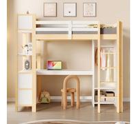 Moimhear Cama alta, 90 x 200 cm, estanterías, varios estantes, escritorio, armario, sin colchón (natural+blanco)