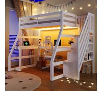 Moimhear Cama alta de madera, 90 x 200 cm, con escritorio, puerto USB y escalera con espacio de almacenamiento, color blanco, sin colchón