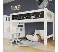 Moimhear Cama alta para niños con pizarra blanca y pizarra, almacenamiento y protección anticaídas, 90 x 200 cm, color blanco