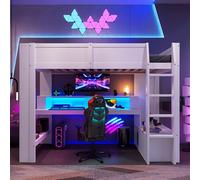 Moimhear Cama alta para videojuegos con escritorio, con luces LED, escritorio, cajón, estanterías, sin colchón, blanco (90 x 200 cm)