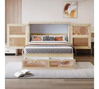 Moimhear Cama de pared, somier de láminas, cama plegable vertical, somier de láminas, cajones de almacenamiento, diseño de ratán, camas de madera (natural)