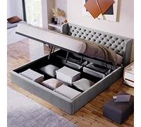 Moimhear Cama doble de 140 x 190 cm,cama acolchada con forma de orejas, tejido de terciopelo, costuras de botones grandes, cama doble hidráulica funcional con somier y espacio de almacenamiento, Gris
