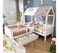 Moimhear Cama infantil de madera con forma de casa, 90 x 200 cm, cama individual, multifuncional, con tela de tienda y cojines, cajones inferiores, sin colchón, color blanco