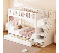 Moimhear Cama Infantil, litera de Madera Maciza con Escalera de Seguridad, Escalera de almacenaje, somier de láminas, Color Blanco (90x200cmx2(con cajón))