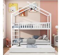 Moimhear Cama para niños House Bed 90 x 200 cm, cama juvenil, tres camas, extensible, diseño que ahorra espacio, color blanco