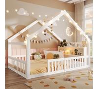 Moimhear Cama plana para niños con rejilla, listón de casa, madera de pino, sin colchón, estilo minimalista, color blanco (140 x 200 cm)