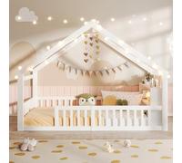 Moimhear Cama plana para niños con rejilla, listón de casa, madera de pino, sin colchón, estilo minimalista, color blanco (90 x 200 cm)