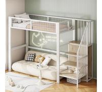 Moimhear litera 90x200cm con escalera, cama infantil con marco de hierro y estante de almacenamiento, armario (Blanco (En la entrada de la escalera hay una abertura))