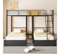 Moimhear Litera triple con cajones, convertible en cama doble de 140 x 200 cm y dos camas individuales de 90 x 200 cm, estructura metálica multifuncional (negro)