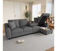 Moimhear Moderno sofá de chenilla L, 3 plazas + chaise longue con almacenamiento, respaldo plegable con soporte para bebidas, 280 x 136 x 82 cm (gris)