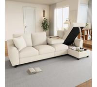 Moimhear Moderno sofá de chenilla L, 3 plazas + chaise longue con almacenamiento, respaldo plegable con soporte para bebidas, 280 x 136 x 82 cm (beige)