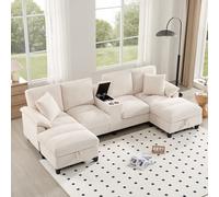 Moimhear Sofá de 4 plazas en forma de U con espacio de almacenamiento, tela de pana grande, conectores USB (beige)