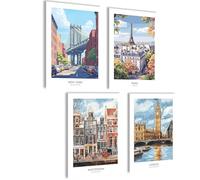 Mojoliving Juego de Imágenes de Londres, Amsterdam, Paris y New York Poster Retro Decoración de Pared Aesthetic Inglaterra, Holanda, Francia y Estados Unidos