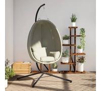 Mokuyary - Silla colgante con forma de huevo y soporte de color beige, tejido y acero, silla de relajación, silla columpio para salón, jardín, terraza, esquina de lectura, exterior, balcón