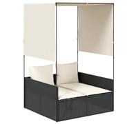 Mokuyary - Tumbona doble con techo y cortinas, color negro, resina trenzada, tumbona de jardín, baño de sol, muebles para playa, terraza, balcón