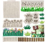 Molde de silicona de 5 piezas para decorar vallas de jardín, césped y flores, con textura de madera y corteza de árbol, ideal para fondant, pasteles, dulces, chocolate, pasta de goma y arcilla polimér