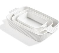 Molde para hornear de cerámica, 33 x 22,9 cm, molde para pasteles ideal para brownies, porcelana, con diseño a rayas, recipiente para horno con asa, apto para lasaña, comidas familiares, juego de 3 un