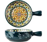 Molde para lasaña grande y profundo, de 600 ml, hecho de cerámica, ideal para hornear. Plato hondo grande con asa, juego de 2 unidades, estilo bohemio, apto para microondas, color verde, 15 cm (color: