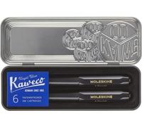 Moleskine x Kaweco Pluma Estilográfica de Plástico ABS con Plumilla Dorada de Tamaño M y Bolígrafo Recargable para Escribir y Tomar Notas, Recarga de 1.0mm y 6 Cartuchos de Tinta Azul incluidos, Negro