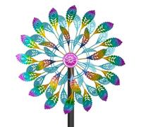 Molinillo de viento de metal para decoración de jardín en colores retro, campanillas de viento para jardín, césped y terraza, escultura de viento Spinner con estaca de metal (pluma de color)
