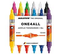 Molotow One4All - Juego de rotuladores acrílicos Twin (1,5 mm y 4,0 mm, alta cobertura y permanente, resistente a los rayos UV, para casi todas las superficies), 12 unidades surtidas