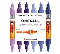 Molotow One4All - Juego de rotuladores acrílicos Twin (grosor de trazo de 1,5 y 4,0 mm, muy opacos y permanentes, secado rápido, rellenables, para casi todas las superficies), 6 unidades surtidas