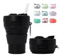 MOMAHUA 450ml Taza Plegable de Silicona Negro,Taza de Café Reutilizable Plegable para Viaje,Copa Colapsable con Tapa Anti-fugas, Incluye Porta-taza y Cuerda